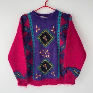 80s vintage pink multicolor abstract aztec patterned mohair wool knit sweater